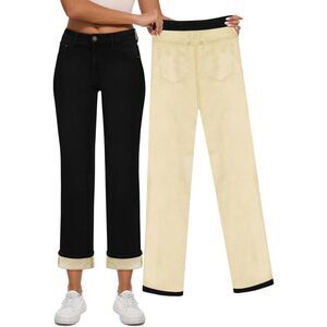 Yewfirm Fleece Lined Jeans High Waist Straight Leg Winter Jeans Black Size 6